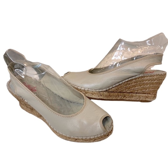 Aedo Made in Spain Taupe Upper Leather Wedge Espadrilles Open Toe Sandals Sz 37 - Picture 1 of 13